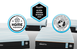 Collage of breeze mattresses with badges that read Popular Mechanics Home Award Winner, Space Technology Awards, and Health Magazine Sleep Award Winner