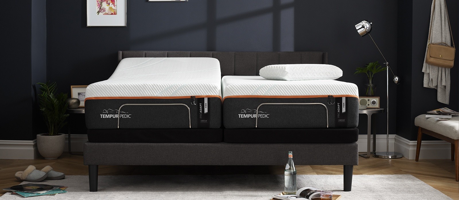 A Tempur-ProAdapt, Firm, Split-King mattress on a Split-King Tempur-Pedic Adjustable Base in a furnished room