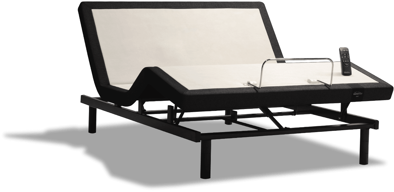 A Tempur-Ergo Adjustable Power Base showing the full range of adjustments, with a max head tilt range of 57° and foot raise range of 46°.