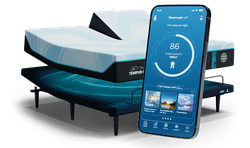 LuxeBreeze Split Head King mattress on an ergo smart base with a smartphone highlighting Sleeptracker AI