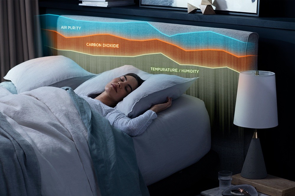 A woman asleep in bed with a graph displaying the bedrooms temperature, air purity, and CO2 levels.