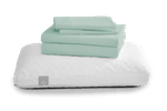 Two pillows and a set of green sheets bundle