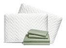 2 pillows and a set of sheets stacked