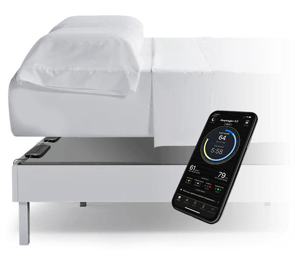 2 sleeptracker sensors placed underneath a mattress shown with a smart phone and sleeptracker app